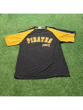 Vintage Pittsburgh Pirates V Neck T Shirt Mens Size L Black Gold Jersey 90s MLB